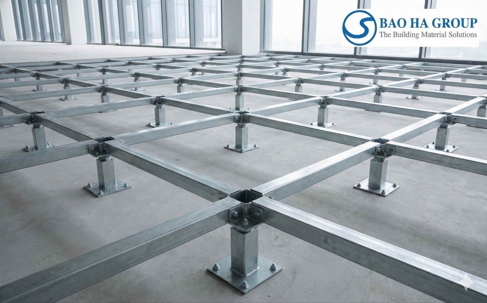 Hệ thống khung chân đế sàn nâng và thanh giằng hoàn thiện